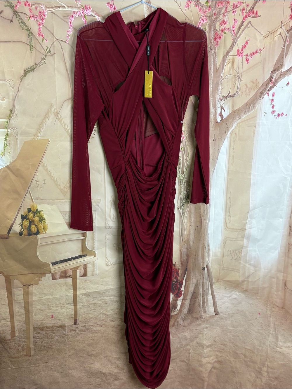 NEW Alexia Admor Burgundy Ruched Mesh Long-Sleeve Evening Dress - Picture 2 of 11